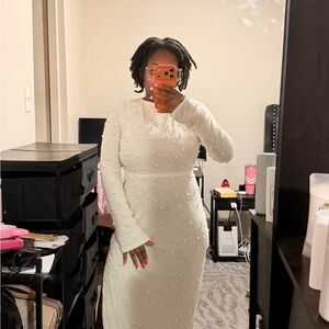 Oh Polly White Pearl-Embellished Long Sleeve Maxi Dress